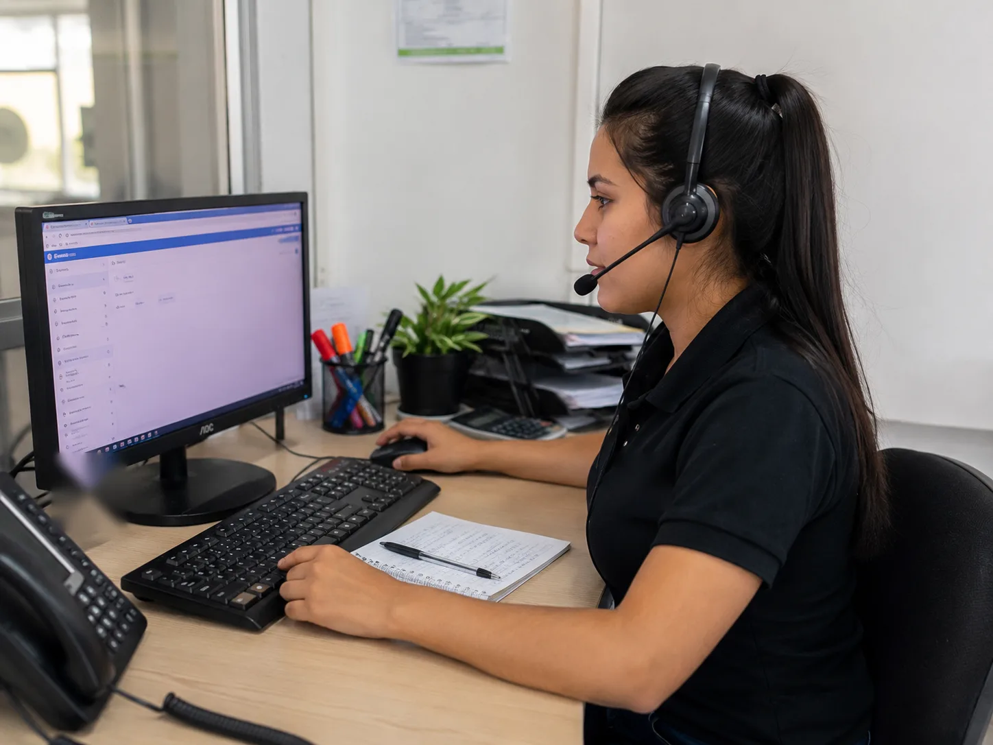 Asesora de atención al cliente recibiendo solicitudes de servicio
