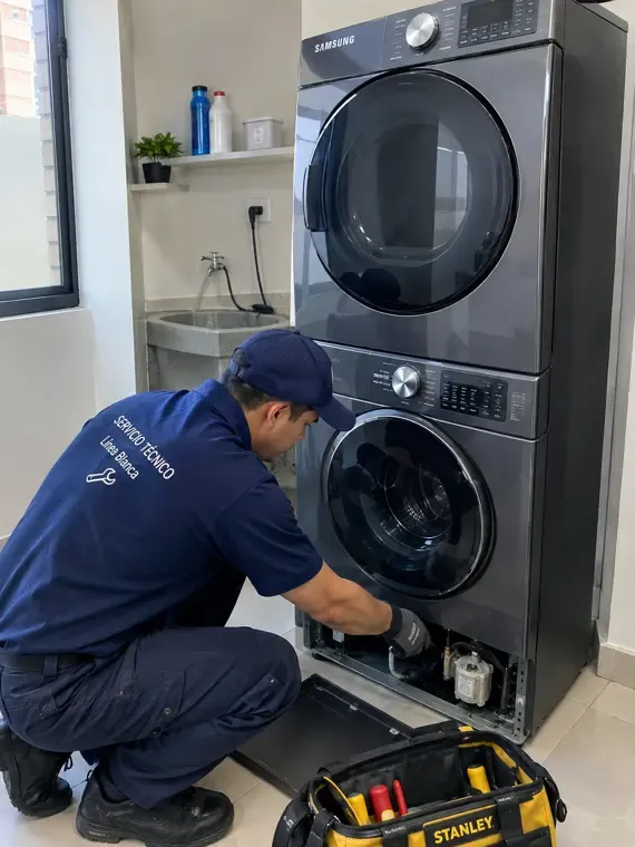 Técnico revisando una lavadora secadora