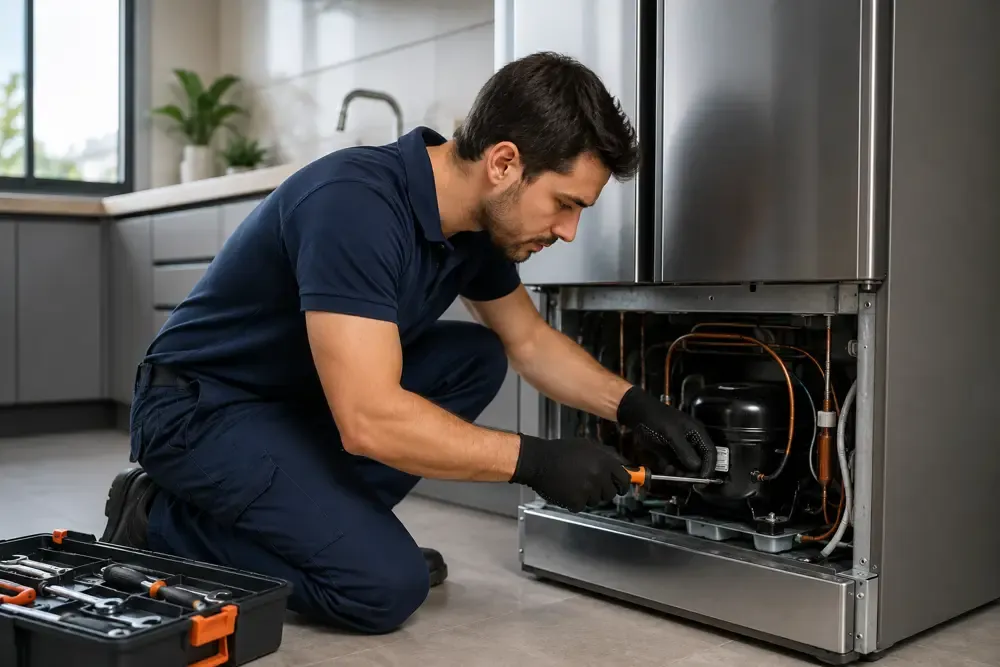 Técnico revisando el compresor de una nevera en una cocina de Cali